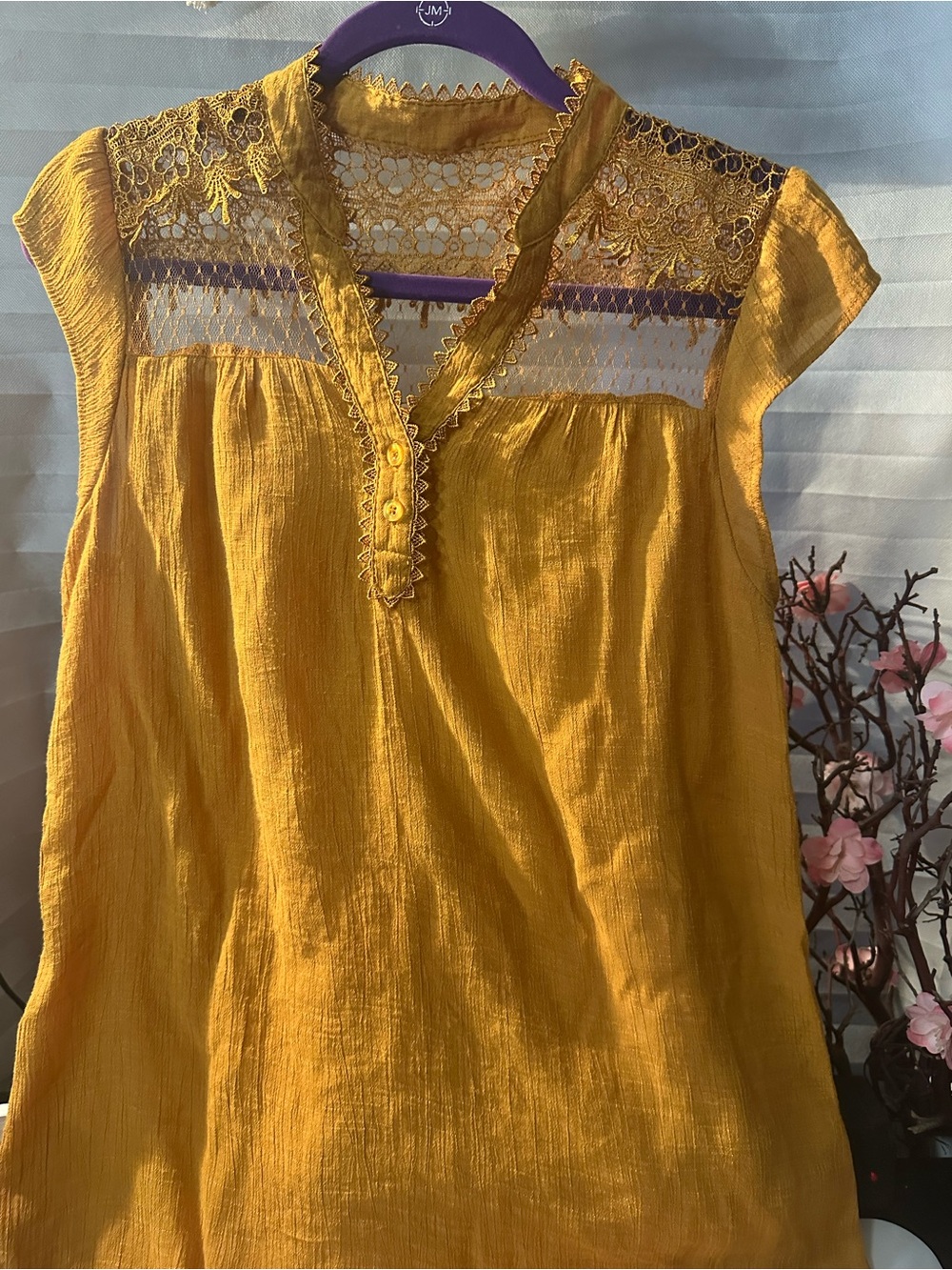 Sweet Wanderer Mustard Yellow Crochet Yoke Cap Sleeve Tunic